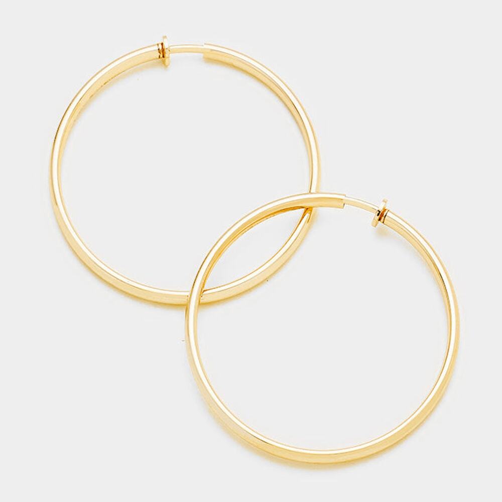 Clip on 3 1/4" XL shiny gold spring back hoop earrings